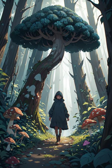 385995-1859572747-portrait of 1 woman, hood, perspective, walking in the forest, mushrooms, animals (Pointillism Rob Gonsalves) high contrast, bes.png